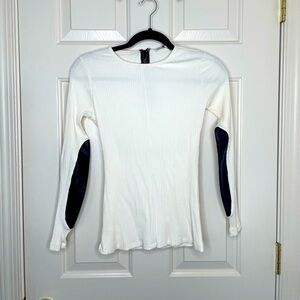 Donna Degnan Charcoal white Ribbed Knit Top Faux Leather Elbow Patches XS